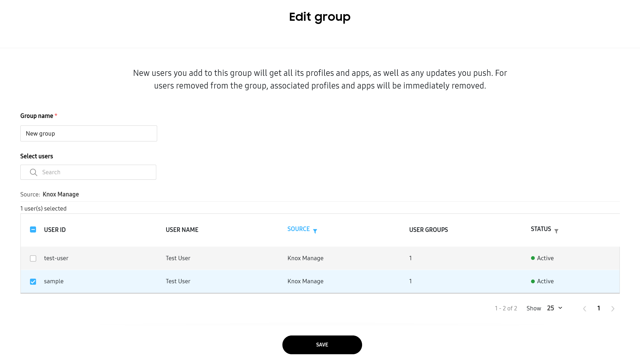 Edit group page