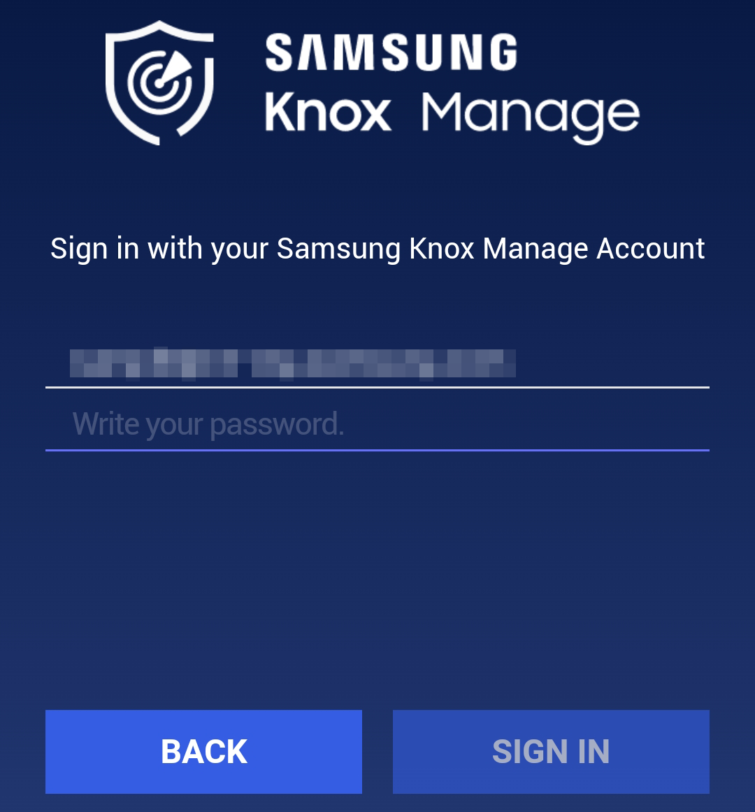 Samsung Knox Manage sign in screen