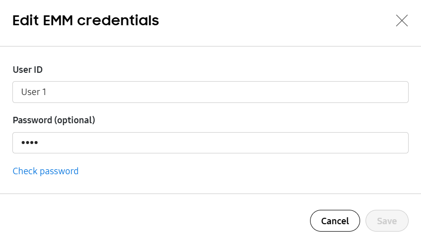 Edit EMM credentials. You can edit the EMM password only.