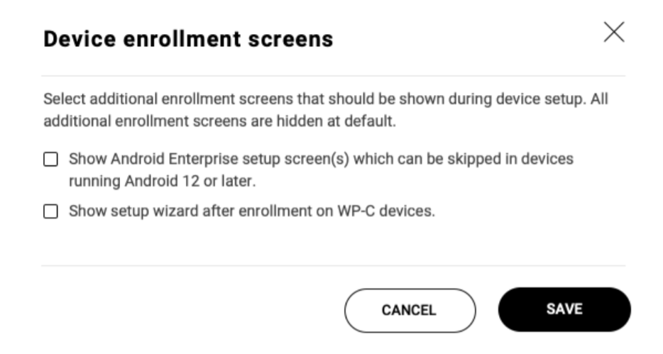 Selecting enrollment screens to show during setup.