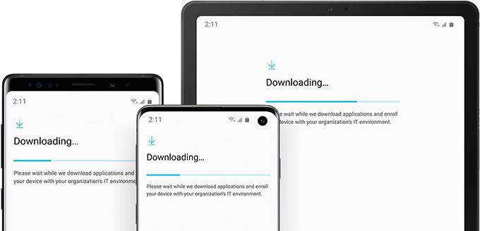 Three Galaxy phones side by side, showing screens at different stages of enrollment.