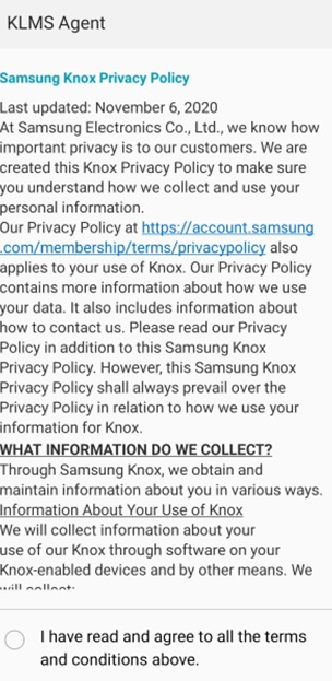 Knox T&C consent screen after third party license activation
