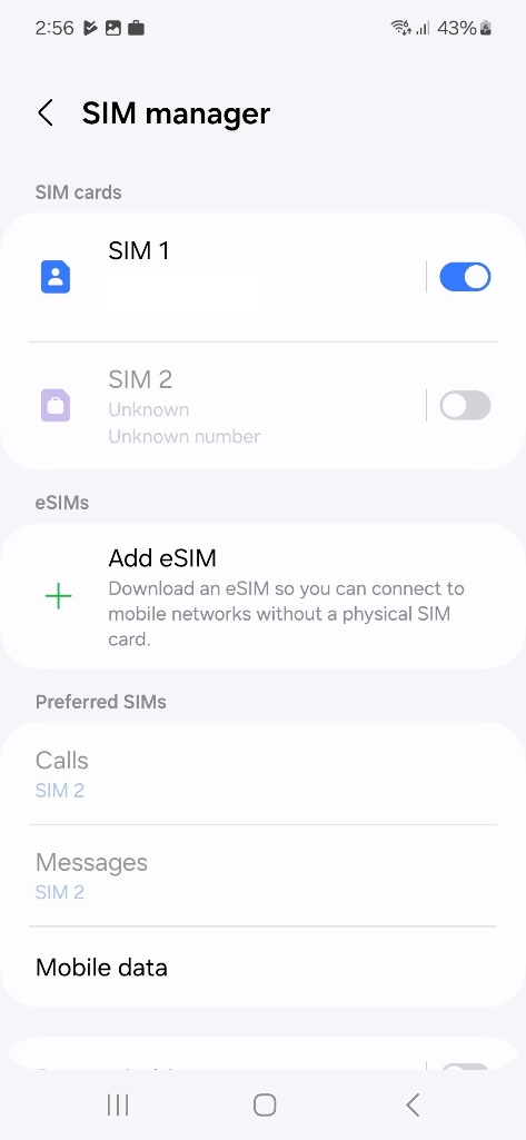 SIM Manager screen