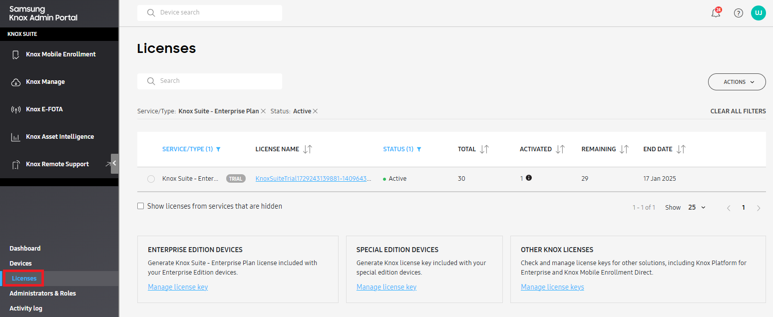 The Licenses tab from the Knox Admin Portal navigation pane