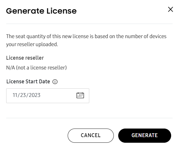 Generate license pop up