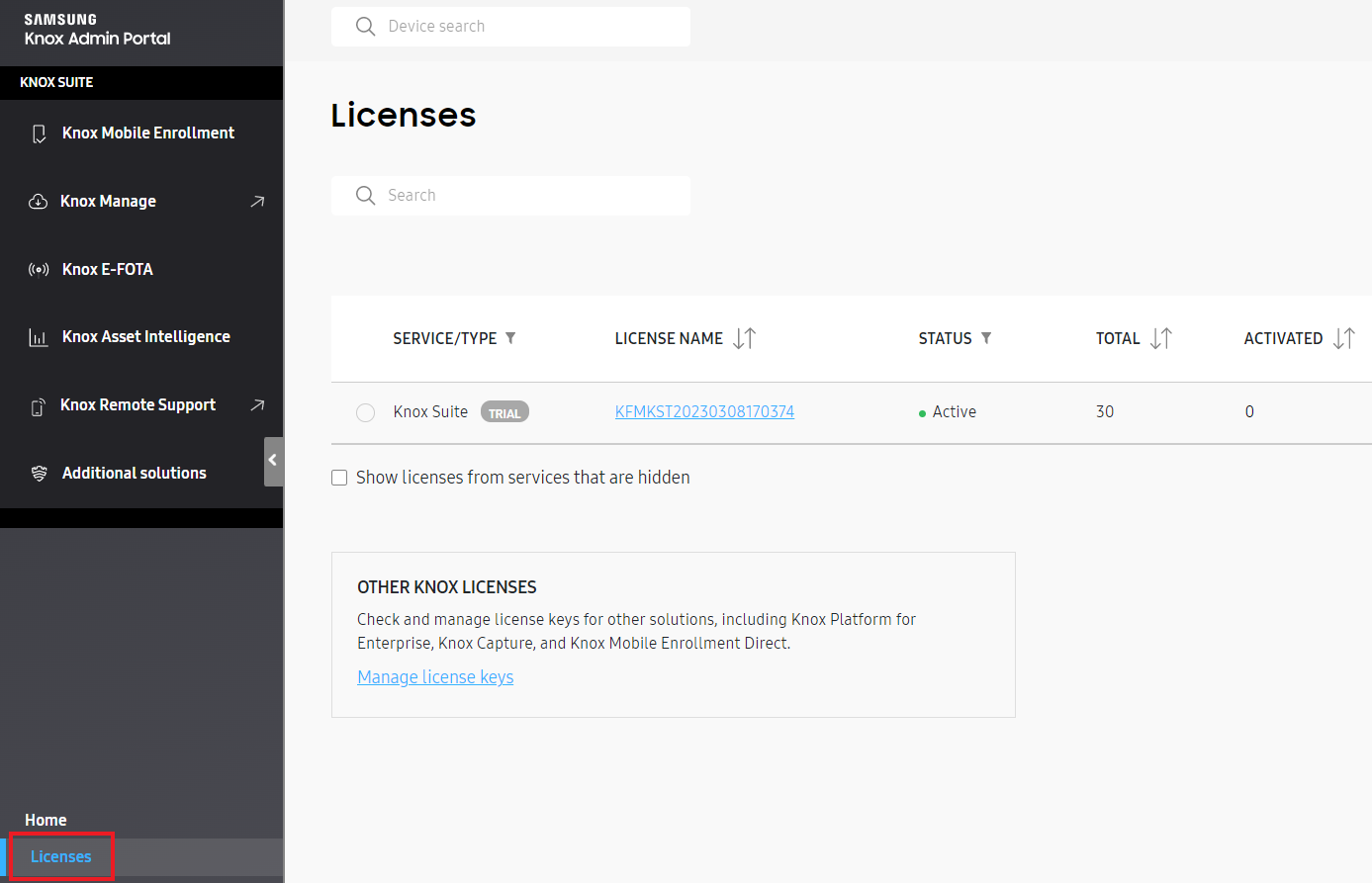 The Licenses tab from the Knox Admin Portal navigation pane