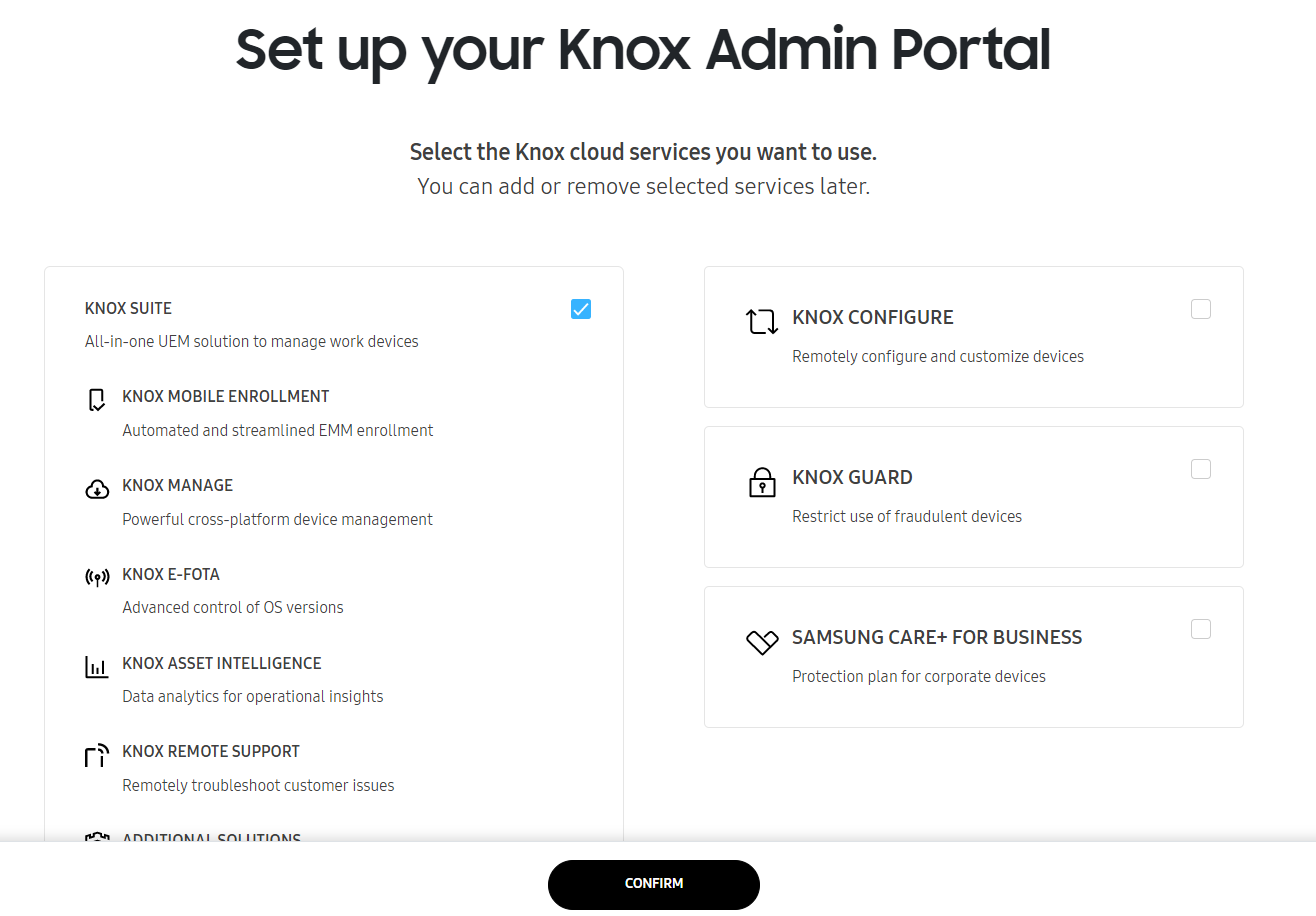 The Set Up your Knox Admin Portal page