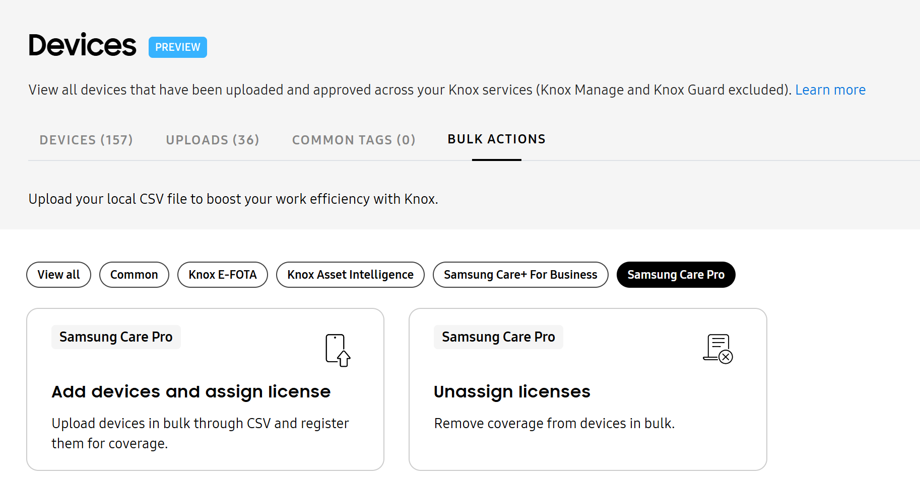 Bulk actions on Device pages of Knox Admin Portal.