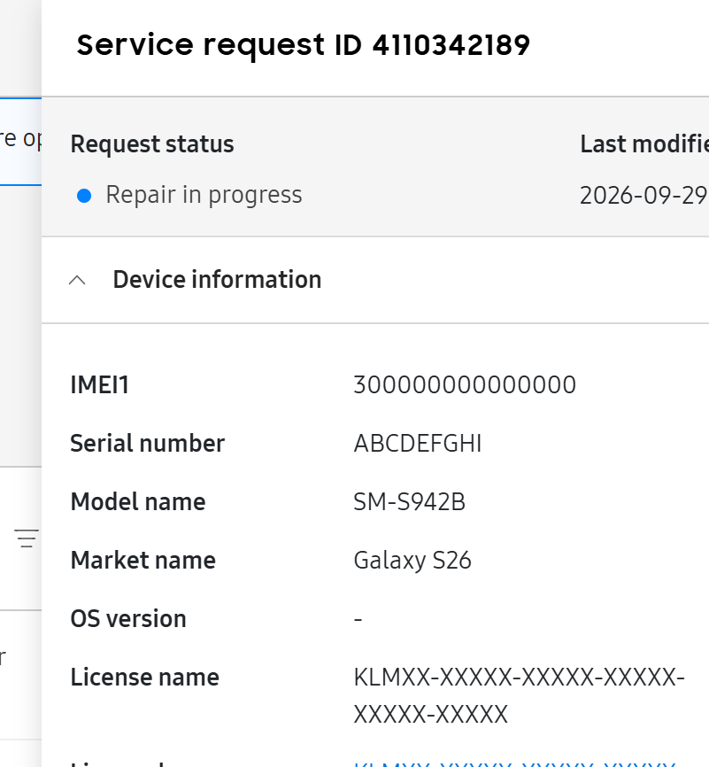 Service request details panel.