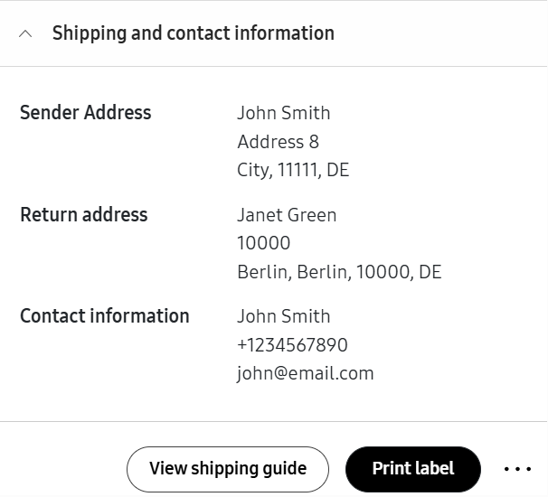 Shipping and contact information.