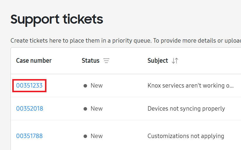 Link to support portal in case number.