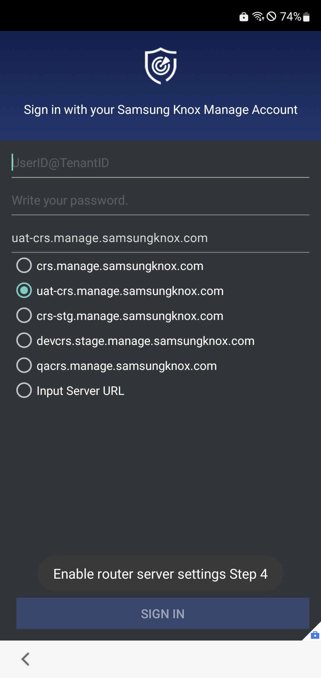 The sign-in screen of the Knox Manage agent, with the UAT server selected.