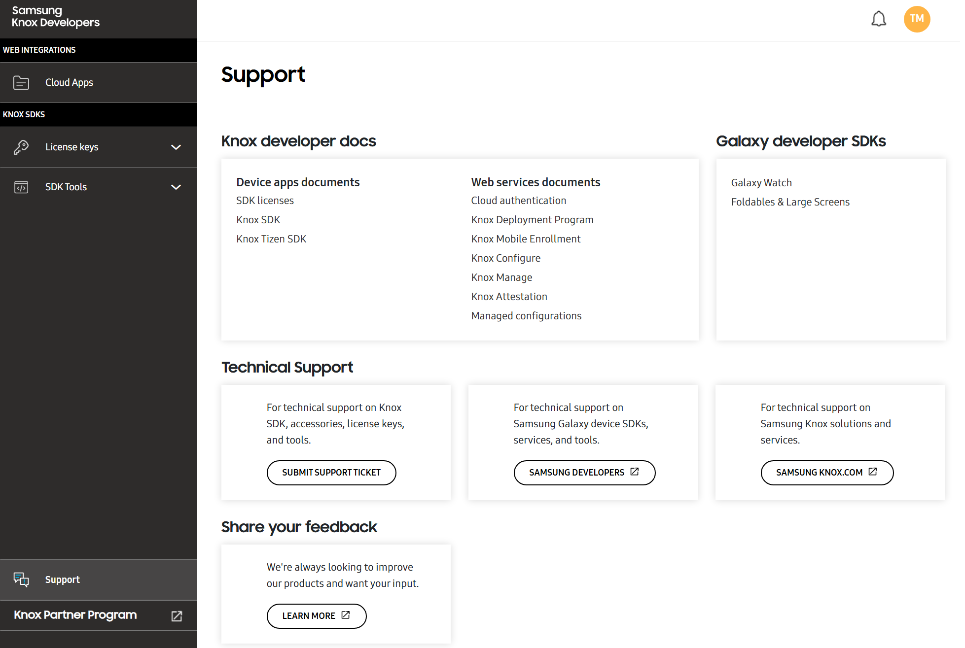 Support page on Samsung Knox Developers portal