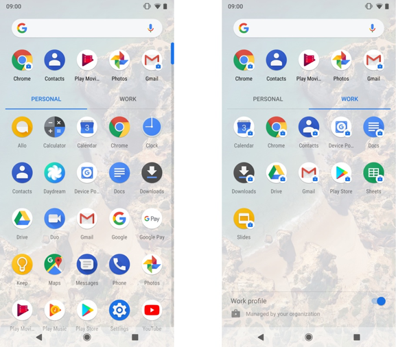 Android P Knox Workspace Tabbed UI view