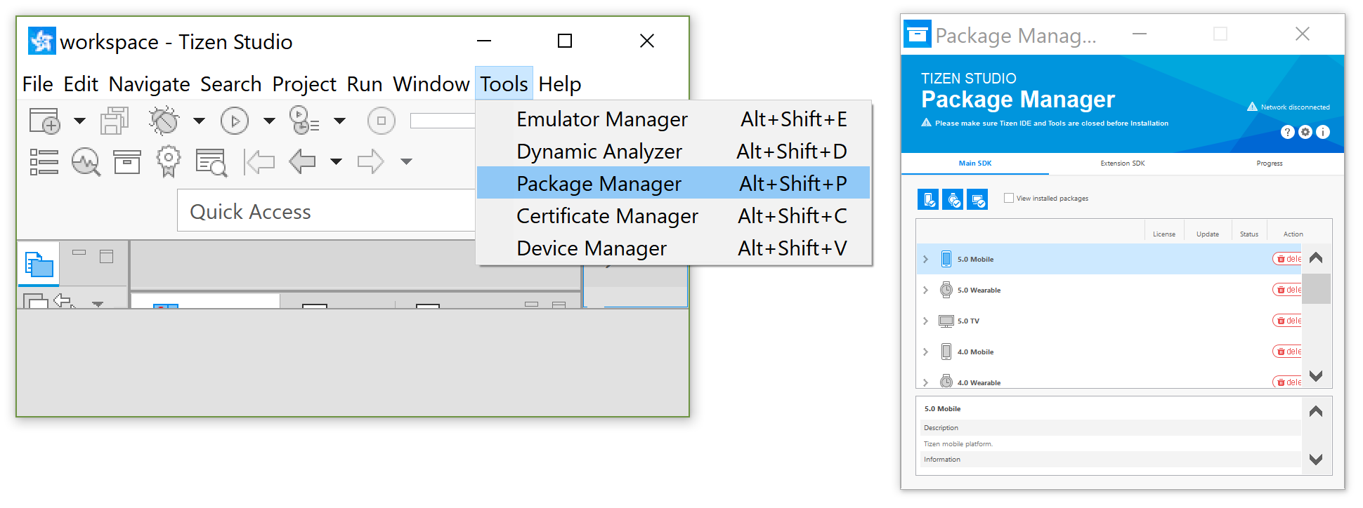 Launch the Tizen Studio Package Manager