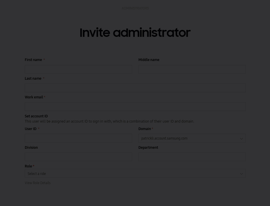 The Invite administrator page's new fields when signing in with Samsung account for Business.