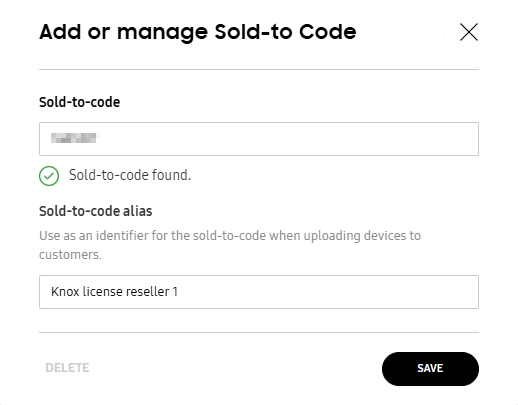 Dialog to add or manage a sold-to-code