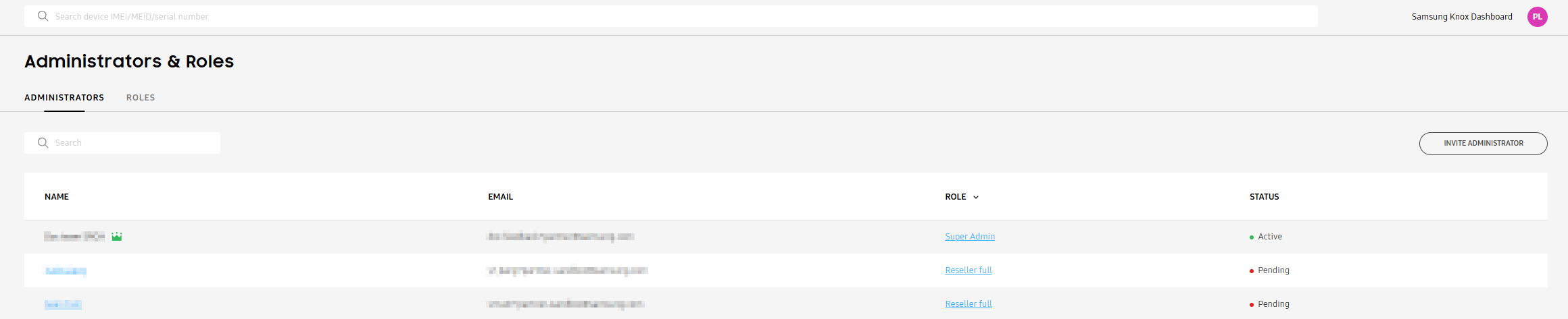 The Administrators & Roles page on the Knox Reseller Portal.