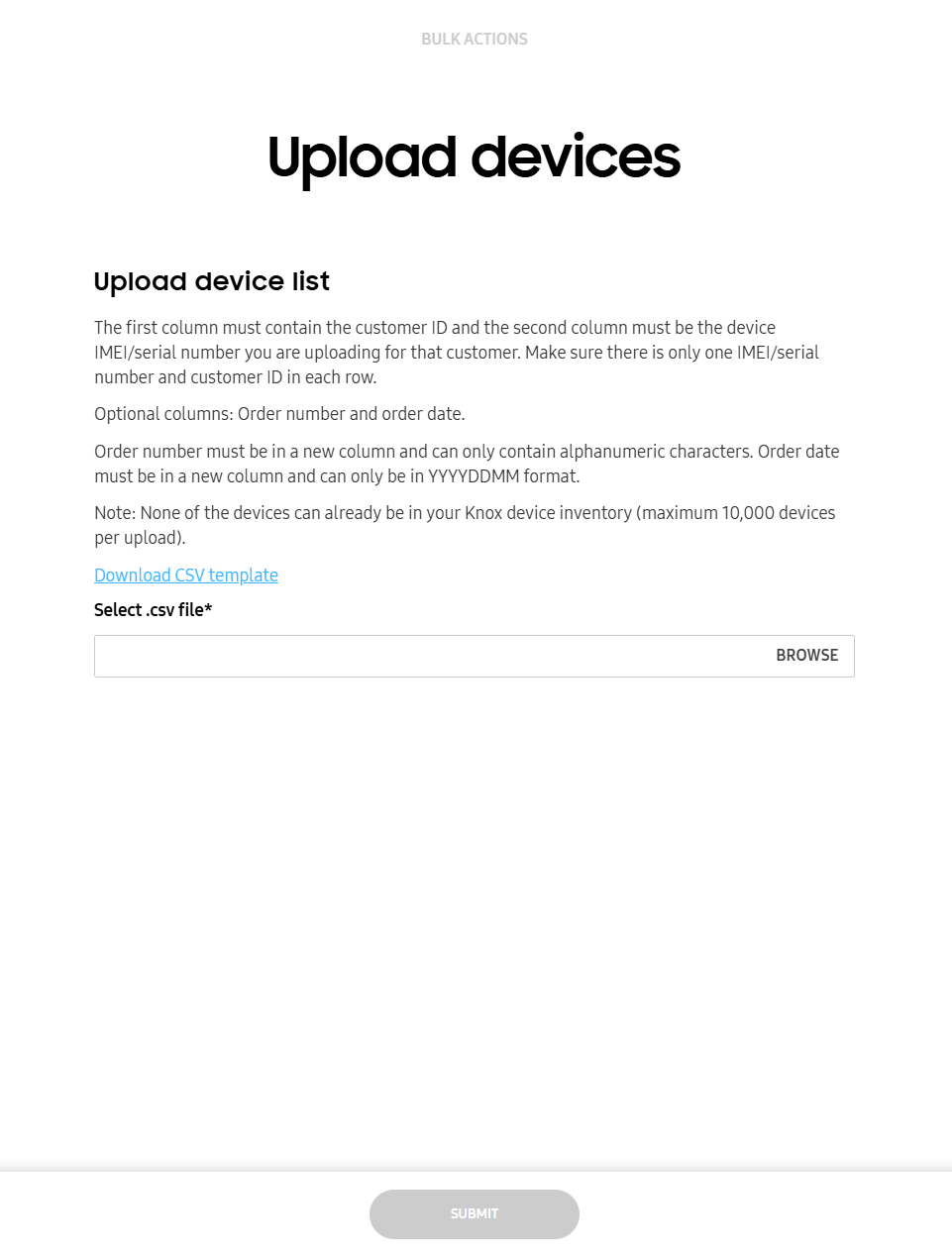 The BULK ACTIONS - Upload devices page.
