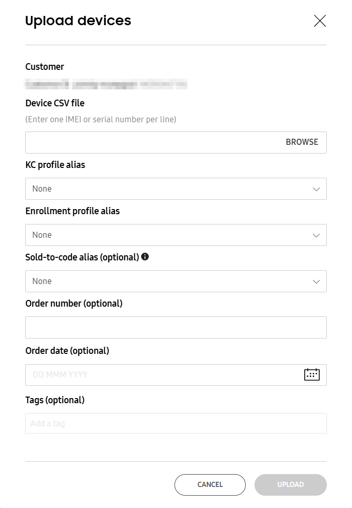 The Upload devices dialog.