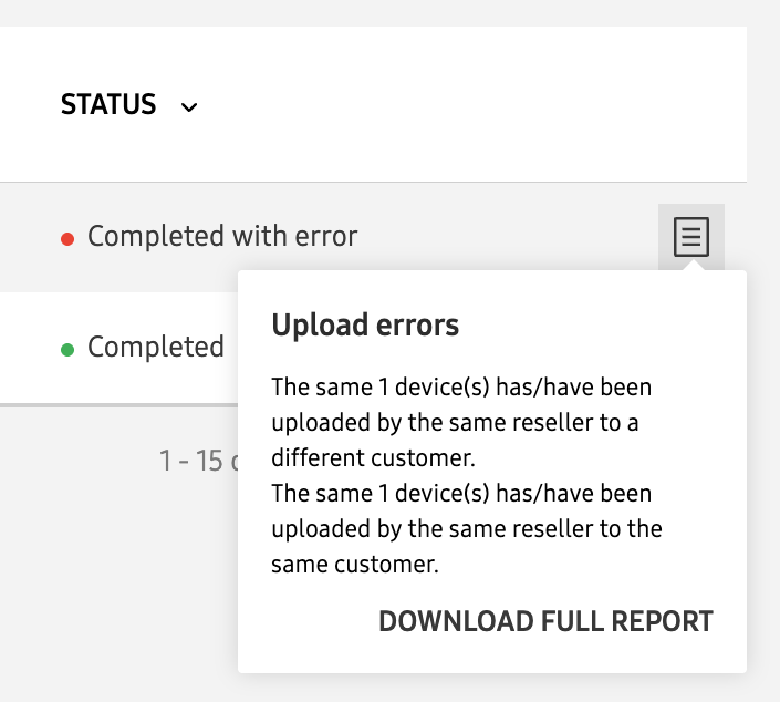 Click the Description icon to see Upload errors.