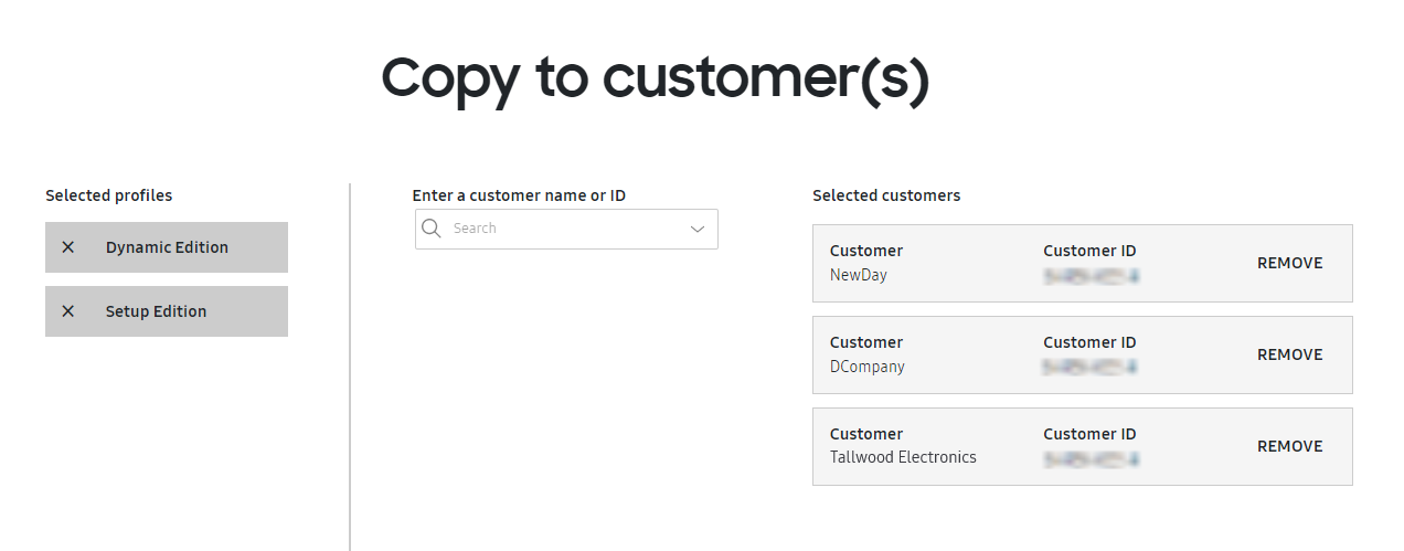 Select customers to copy multiple profiles to
