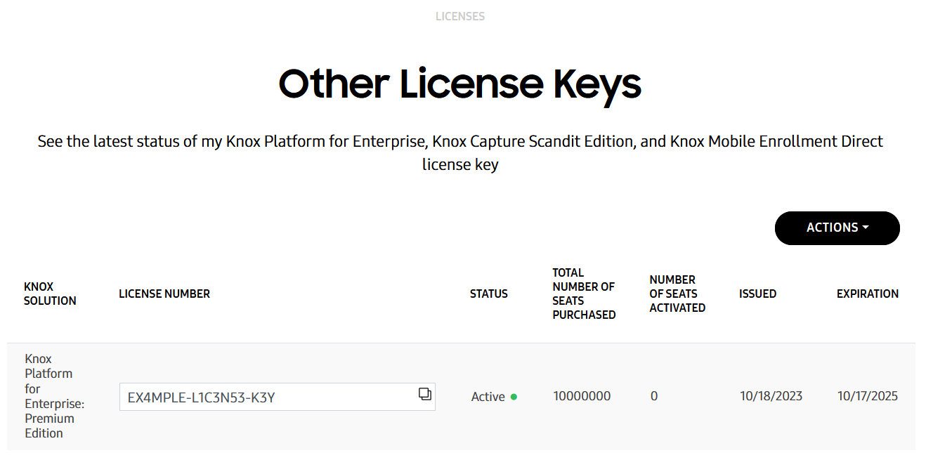 The Other License Keys screen