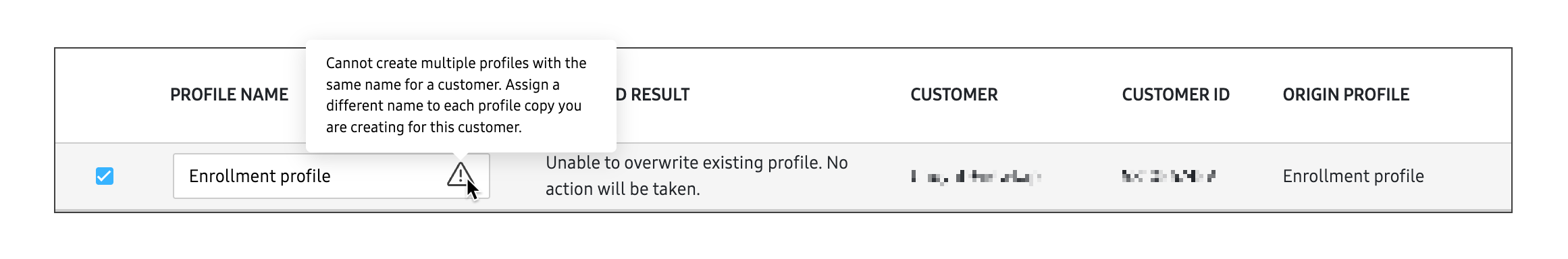 expected results profile name error