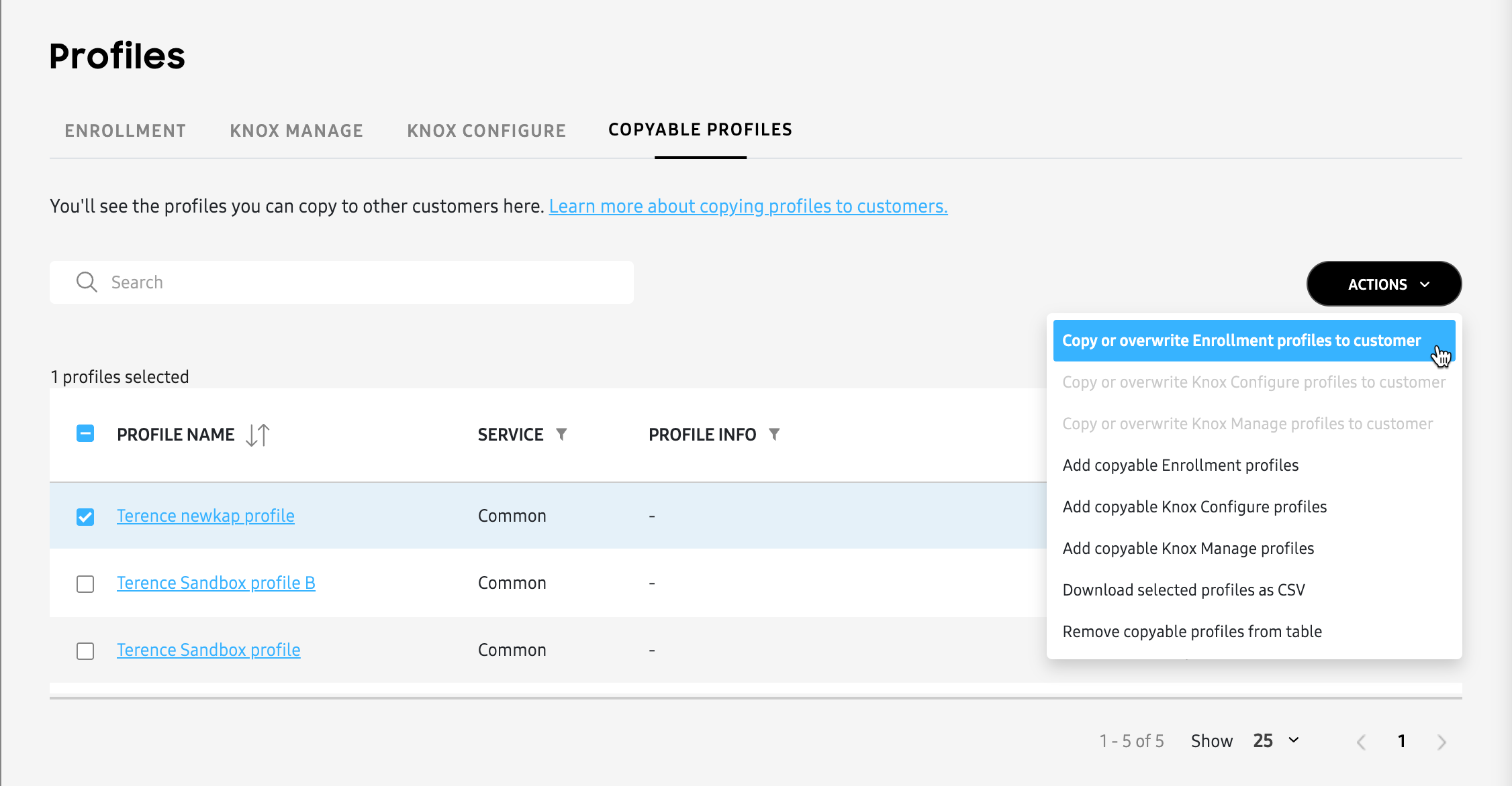 selecting profile to copy