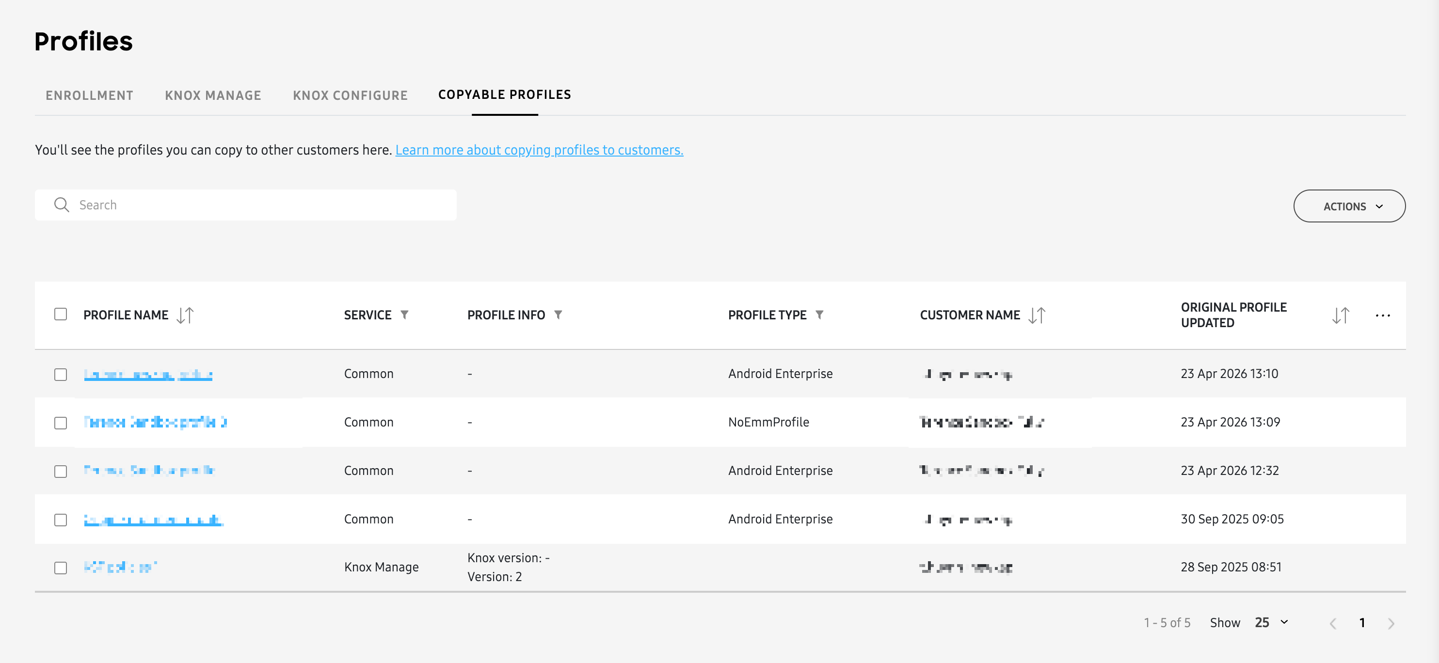 Table of profiles that can be copied
