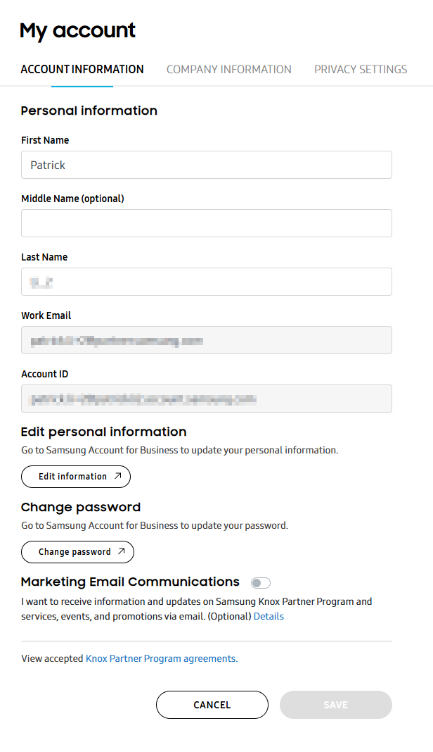 Account information tab on the My account page.