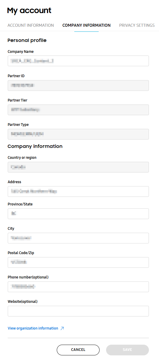 Company information tab on the My account page.