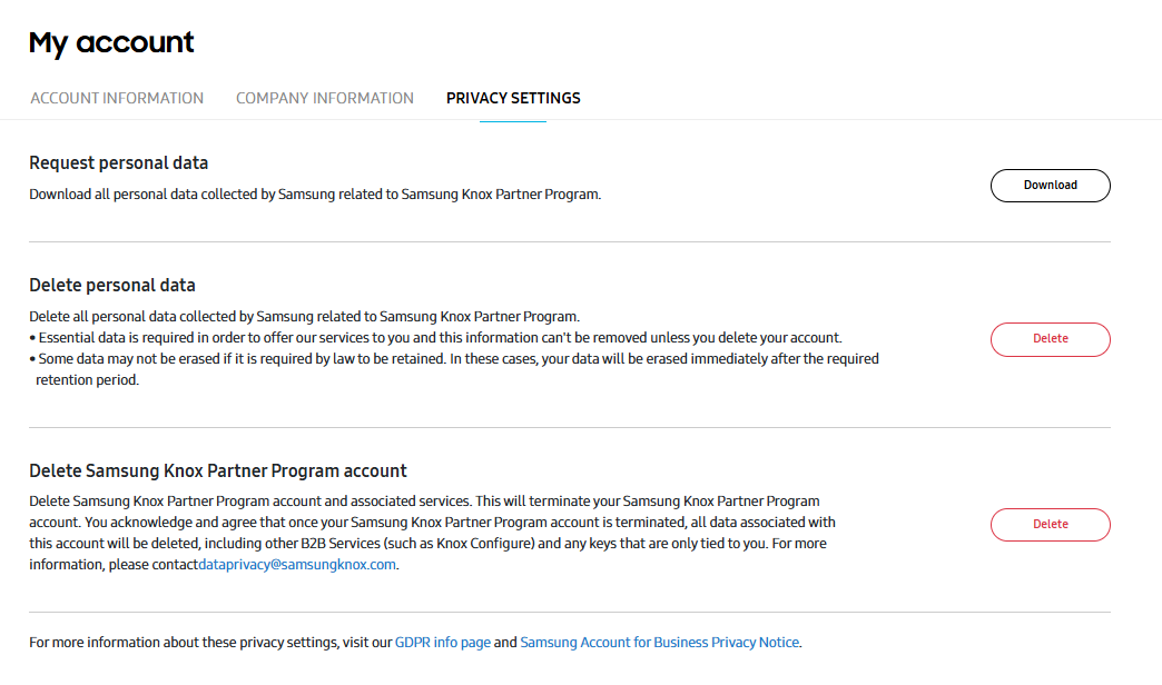 Privacy settings tab on the My account page.