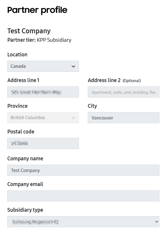 The Partner profile page when you sign in with a personal Samsung account.