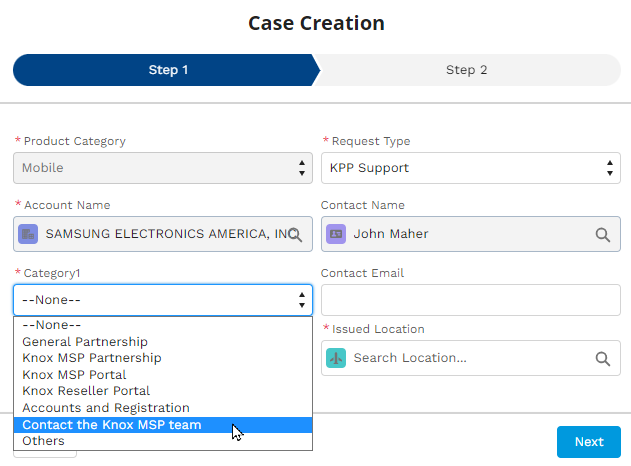 create a support case in the contact the knox msp team category