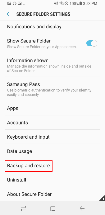 Secure Folder Settings > Backup and restore