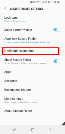 Secure Folder Settings > Notifications and data