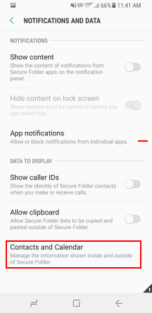 Secure Folder Settings > Notifications and data > Contacts and Calendar
