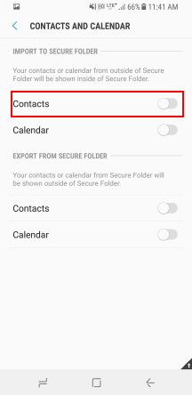 Contacts and Calendar under the Import to Secure Folder heading
