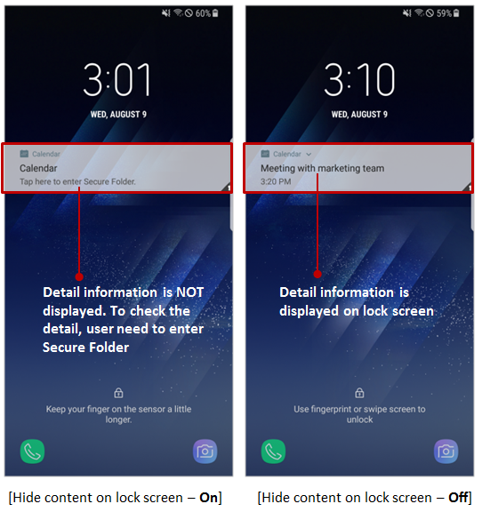 Hide content on lock screen set to on and off