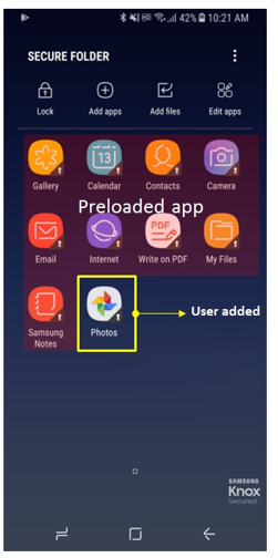 Default apps that come with Secure Folder